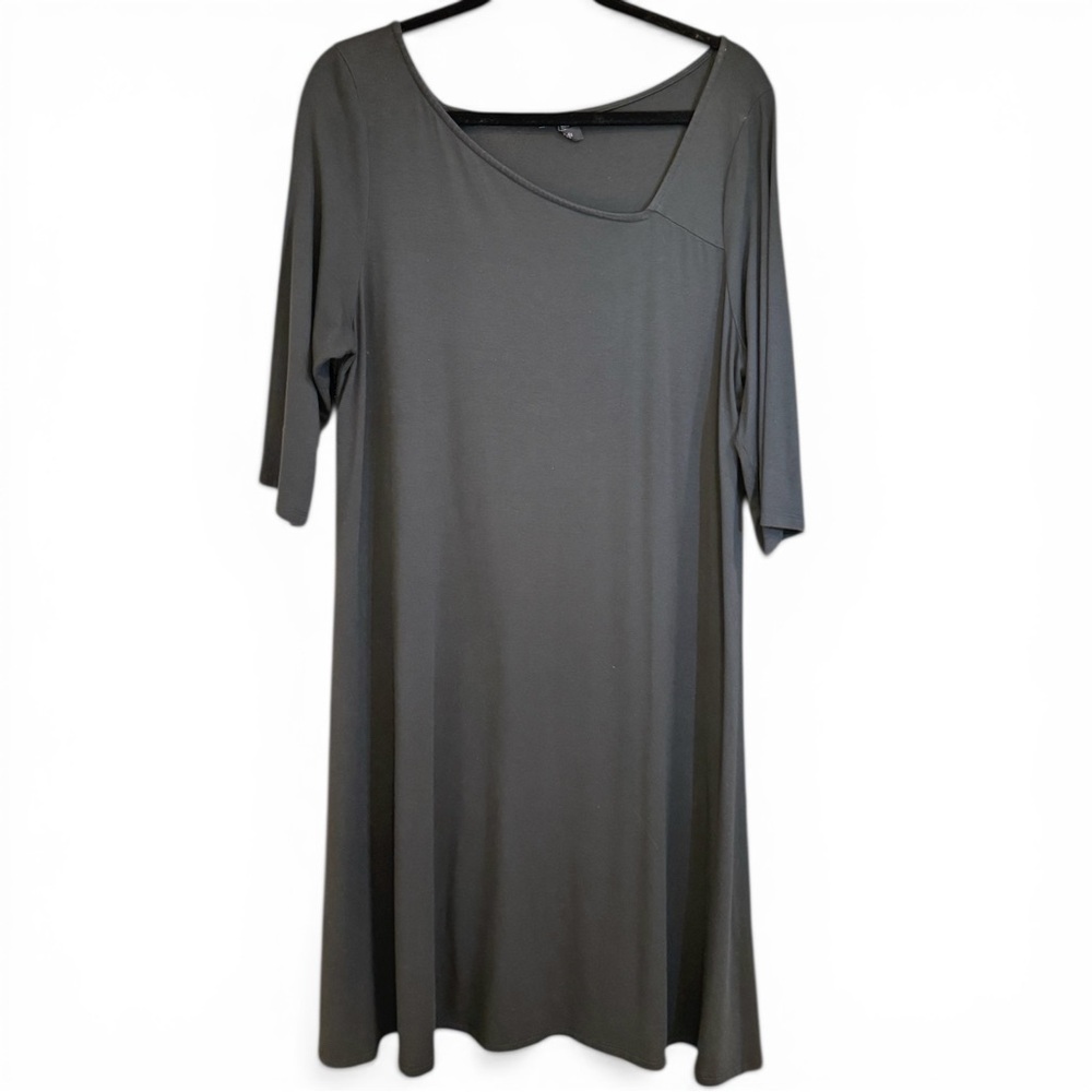 Eileen Fisher Jersey Knit Dress Asymmetrical Neckline Deep Forest Green Large